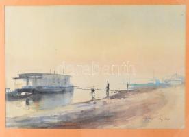 Lipovniczky László (1910-1971): Dunapart hajóval és horgásszal, 1954. Akvarell, papír. Jelzett. Dekoratív, üvegezett fakeretben. 31x45 cm.