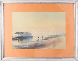 Lipovniczky László (1910-1971): Dunapart hajóval és horgásszal, 1954. Akvarell, papír. Jelzett. Deko...