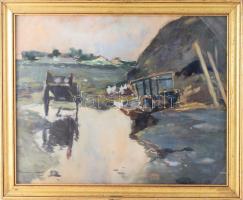 Kássa Gábor (1893-1961): Szekerek. Akvarell, papír. Jelzett. Dekoratív, üvegezett fakeretben. 40x50 cm.