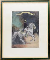 Olvashatatlan jelzéssel: Redopp (Lovas). Akvarellel színezett rézkarc, selyem. Dekoratív, üvegezett ...