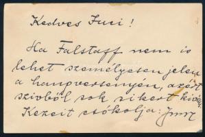 cca 1917-1945 mátisfalvi Palló Imre (1881-1978) operaénekes, a M. Kir. Operaház tagjának névjegykártyája, rajta autográf soraival és aláírásával, foltos, 7x11 cm. "Kedves Julcsi! Ha Falstaff nem is lehet személyesen jelent a hangversenyén, ezért szívből sok sikert kíván. Kezeit csókolja: Imre."