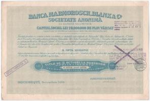 Máramaros 1909. "Máramarosi Bank Részvénytársaság" részvénye 2500L-ről, bélyegzésekkel, 3xklf nyelvű leírással (román, francia, angol) T:XF,VF, folt
