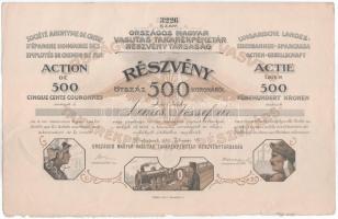 1911. Budapest "Országos Magyar Vasutas Takarékpénztár Részvénytársaság" névre szóló részvénye 500K-ról, francia, magyar és német nyelven, szelvényekkel, szárazpecséttel T:XF,VF, hajtatlan de viseltes az alja