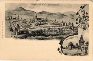 Beszterce, Bistritz, Bistrita; Bistritz im XVIII. Jahrhundert, Holzgässer Tor / Beszterce a 18. évszázadban, városkapu. Th. Botschar kiadása / Bistrita in the 18th century, city gate. Art Nouveau, floral with coat of arms (b)