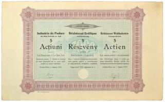 Románia 1922. Nagyvárad "Rézbányai Erdőipar részvénytársaság" 5db részvénye egyben, egyenként 200L-ről, három nyelven szárazpecséttel, szelvényekkel T:VF, szép papír Romania 1922. Oradea "Rézbányai Erdőipar részvénytársaság (Rézbánya Forestry Corporation)" Five shares in one, about 200 Lei each, on three language, with embossed stamp and coupons C:VF, fine paper