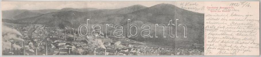 1902 Resicabánya, Resica, Resicza, Resita; vasgyár. Weiss A. kiadása, 3-részes kihajtható panorámalap / iron factory, ironworks. 3-tiled folding panoramacard (hajtásnál kopott / worn at fold)