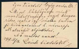 1937 Lipcsey Gyula (1879-1943) szilágysomlyói (Simleul-Silvaniei) plebános, pápai kamarás névjegykártyája, a hátoldalán autográf soraival, aláírása nélkül, benne névnapi jókívánságaival gyógyszerész részére, 6x10 cm.