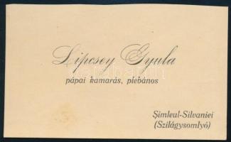 1937 Lipcsey Gyula (1879-1943) szilágysomlyói (Simleul-Silvaniei) plebános, pápai kamarás névjegykár...