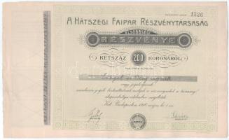 Budapest 1910. "Hátszegi Faipari Részvénytársaság" elsőbbségi részvénye 200K-ról szelvényekkel T:XF, kis szakadás