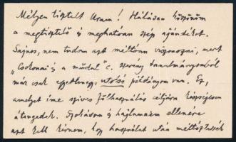 1934 Molnár Antal (1890-1983) zenetörténész, zeneszerző és zeneesztéta, brácsaművész névjegykártyája, rajta autográf soraival és aláírásával, "Sajnos, nem tudom azt méltán viszonozni, mert "...Csokonai és a műdal" c. szerény tanulmányomból már csak egyetlenegy, utolsó példányom van. ..." 6x10 cm