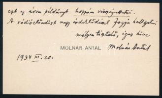 1934 Molnár Antal (1890-1983) zenetörténész, zeneszerző és zeneesztéta, brácsaművész névjegykártyája...