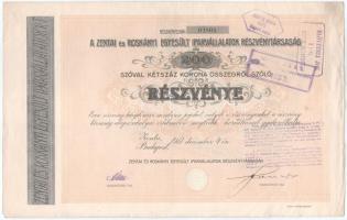 1917. Zenta / Budapest "A Zentai és Roskányi Egyesült Iparvállalatok Részvénytársaság" részvénye 200K-ról, szárazpecséttel, bélyegzésekkel, szelvényekkel T:XF,VF