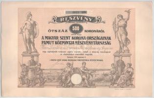 1916. Budapest "A Magyar Szent Korona Országainak Pamut Központja Részvénytársaság" névre szóló részvénye teljesen befizetett 500K-ról szelvényekkel, szárazpecséttel T:AU,XF Hungary / Budapest 1916. "A Magyar Szent Korona Országainak Pamut Központja Részvénytársaság" share with the shareholder's name about 500 Korona, with coupons, embossed stamp C:AU,XF