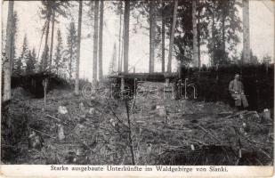 Syanky, Sianky, Sianki; Starke ausgebaute Unterkünfte im Waldgebirge / katonai szálláshely az erődben / WWI military camp in the forest mountains + "K.u.k. Zensuriert in Sambor" (EB)