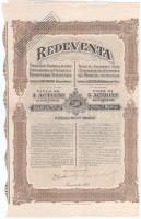 Románia 1925. Bukarest "Redeventa Szolgáltató és Kereskedelmi Részvénytársaság" 5db részvénye egyben, összesen 2500L-ről szelvényekkel, bélyegzésekkel T:VF Romania 1925. Bucharest "Revedenta Service Provider and Trading Share Company" 5 shares in one, all about 2500 Lei with coupons and overprints C:VF
