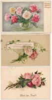 13 db RÉGI üdvözlő képeslap, főleg virágok / 13 pre-1945 greeting art postcards, mainly flowers
