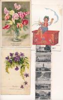 13 db RÉGI üdvözlő képeslap, főleg virágok / 13 pre-1945 greeting art postcards, mainly flowers