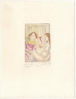 ZéKovács József (Zé Kovács Jozsef, 1951-): A (...) látogatás (női akt). Színezett rézkarc, akvarell, papír, jelzett, 7×5 cm