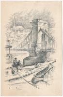 Vertel József (1922-1993): Budapest-Lánchíd, vár, hajó agyúval, vasmacskával. Rézkarc, papír, jelzés nélkül, hátoldalán feliratozott képeslap. 14x9 cm