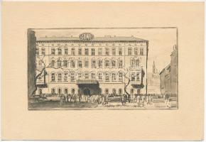 Nagy Zoltán (1916-1987): Agrimpex épülete, Nádor u. 22 (Budapest, ma Igazságügyi Minisztérium). Rézkarc, papír, jelzett a karcon, 8×14,5 cm