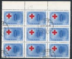 1957 Postáskórház 3Ft ívszéli 9-es tömb benne "piros folt az A betűn"