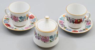 Kalocsai porcelán 2 darab csésze alátéttel és egy cukortartó, jelzett, hibátlan.