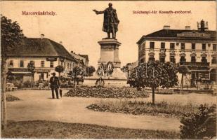 1915 Marosvásárhely, Targu Mures; Széchenyi tér, Kossuth park, Henning Károly üzlete, Takarékpénztár. Porjes S. Sándor kiadása / square, park, shop, savings bank (ázott / wet damage)