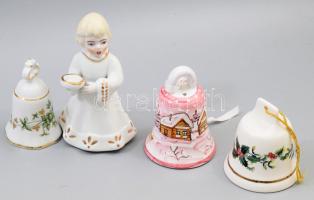 3 darab porcelán csengő + angyalka, közte Hollóházi, m: 13 cm