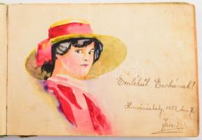 1922-1927 Hódmezővásárhely, emlékkönyv kézzel írt bejegyzésekkel, rajzokkal, harántalakú, kissé vise...