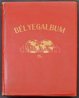 BÉLYEGALBUM feliratú nagyalakú berakó 20 vastag fekete lappal, laponként 1 széles és 4 keskenyebb sorral, piros-kicsit kopottas borítóval