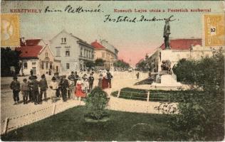 1908 Keszthely, Kossuth Lajos utca, Festetich szobor, Magy. kir. posta és távirda, Pler Lipót üzlete (gyűrődések / creases)