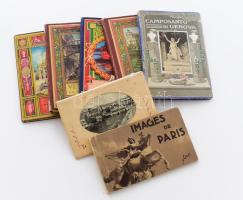 7 db régi külföldi városképes leporelló: Párizs, Stockholm, Róma, Nápoly, stb. Vegyes állapotban.