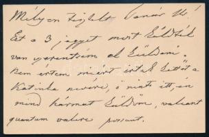 cca 1870-1890 gróf losonci Bánffy Miklós (1801-1894) valóságos belső titkos tanácsos, császári és királyi kamarás, főpohárnokmester, főispán, nagybirtokos, az író, grafikus, politikus Bánffy Miklós (1873-1950) nagyapjának névjegykártyája, a hátoldalán autográf sorokkal. "Mélyen Tisztelt Tanár Ur! Ezt a 3 jegyet mert kérték van szerentsém el küldeni. Nem értem miért irtak kettőt a Katinka nevére, ...", 6x9 cm