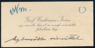 cca 1910 gróf Csekonics Iván (1876-1951) politikus, diplomata névjegykártyája, rajta: "legbensőbb részvéttel", 5x10 cm.