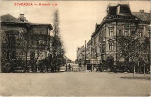 1911 Szabadka, Subotica; Kossuth utca, villamos, üzletek. Surány kiadása / street view, tram, shops (EK)