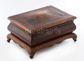 Intarzia berakásos díszdoboz, benne tükörrel, kopott, kulcs nélkül, 30x21x14 cm