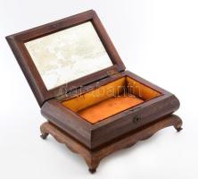 Intarzia berakásos díszdoboz, benne tükörrel, kopott, kulcs nélkül, 30x21x14 cm