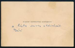 cca 1920-1940 Apponyi György (1898-1970) politikus, országgyűlési képviselő névjegykártyája, rajta: "a lista szíves aláírását kéri" bejegyzéssel, 7x11 cm