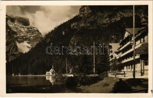 Dolomiti, Dolomiten, Dolomites, Hotel Lago di Braies, Pragser Wildsee, Lake Prags, Val Pusteria, Pustertal (Südtirol); Ed. Stab. Art. Lor. Franzl Bolzano Repr. viet. / mountains, lake, church, rest house (crease)