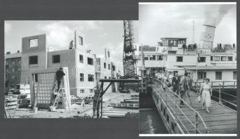 cca 1959 Sztálinváros (ma Dunaújváros) első panelépülete készül; üdülőhajó érkezik a városba; 2 db modern nagyítás, jelzés nélkül, 21x15 cm és 15x21 cm