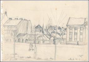 Nolipa István Pál (1907-1986): Régi Teleki tér, Budapest, 1938. Ceruza, papír. Jelzett. Néhány kevés egészen apró folttal. 14,5x21 cm