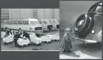 cca 1954 előtt, Vadas Ernő (1899-1962) budapesti fotóművész és fotóriporter felvételei ("De én ilyen kocsit akarok"; Babakocsik gyártása az Ikarusban), 2 db modern nagyítás, jelzés nélkül, 21x15 cm és 15x21 cm