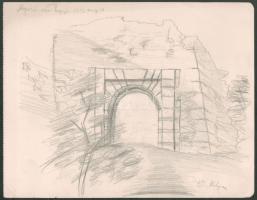 Nolipa István Pál (1907-1986): Nógrádi vár kapuja, 1929. Ceruza, papír. Jelzett. 21,5x27,5 cm. Rendkívül korai rajz, az életmű egyik legkorábbi ismert darabja!