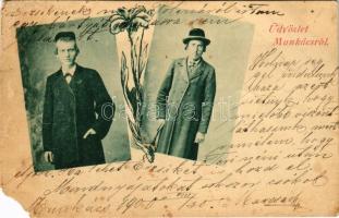 1900 Munkács, Mukacheve, Mukachevo, Mukacevo; Üdvözlet Munkácsról. Zsidó férfiak, Judaika / Greeting...