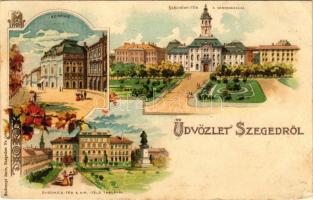 1899 (Vorläufer) Szeged, Dugonics tér a Kir. ítélő táblával, színház, Széchenyi tér a Városházával. Endrényi Imre Nr. 1050. Art Nouveau, floral, litho (felületi sérülés / surface damage)