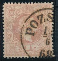 1867 50kr rózsabarna centrált bélyeg, "POZSONY" évszámos bélyegzéssel (papírelvékonyodás / thin paper) (200.000)