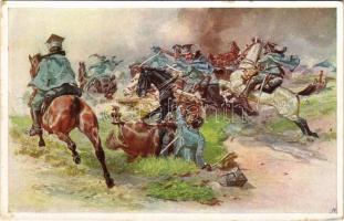Ein siegreicher Kavallerieangriff der II. Schwadron der polnischen Legionen, bei welcher der Führer derselben, Rittmeister Dunin-Wasowicz den Heldentod fand. Offizielle Karte für Rotes Kreuz, Kriegsfürsorgeamt Kriegshilfsbüro Nr. 265. / WWI Austro-Hungarian K.u.K. military art postcard, Polish cavalry s: Fr. Jung (EK)