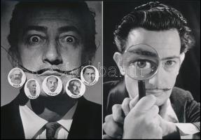 cca 1950 Dali, Salvador (1904-1989) katalán - spanyol szürrealista festőművész, aki fényképezés közben gyakran önmagát rendezte, vagyis kitalálta előre a képet, s ehhez hívott fotós segítséget, eltérő időben készült felvételek (Bajusz-galéria; Dali szeme mindent lát!), 2 db modern nagyítás, jelzés nélkül, 21x15 cm