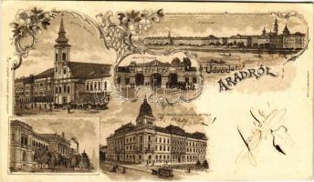 1900 Arad, Minorita templom, vár főkapuja, Maros-part, Lyceum, Arad-Csanádi egy. Vasutak palotája, lóvasút. Lengyel Lipót kiadása / Minorite church, castle gate, Mures riverside, grammar school, railway palace, horse-drawn tram. Art Nouveau, floral, litho (EB)