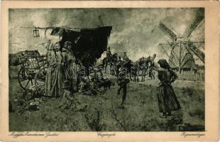 Cigányok, szélmalom, folklór / Zigeunerlager / Hungarian art postcard, Gypsy folklore, windmill. s: Magyar Mannheimer Gusztáv. Magyar Rotophot Társaság, Budapest VI. Nr. 1603/2